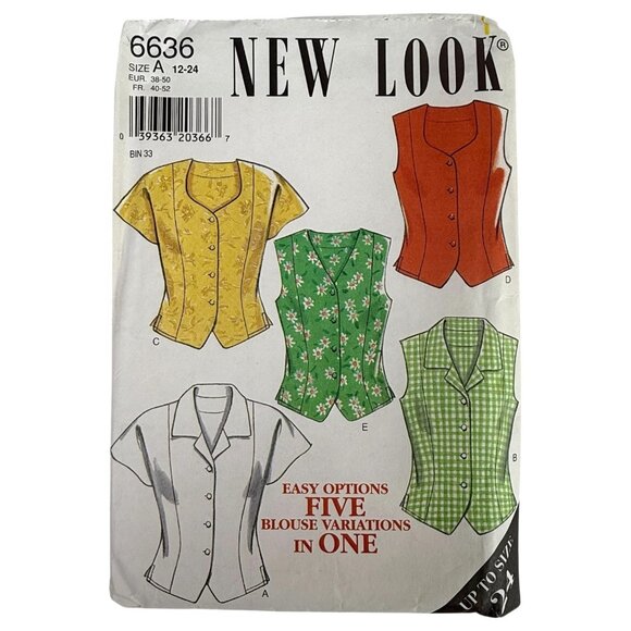 New Look 6636 Sewing Pattern Five Blouse Variations Size12-24 Womens Tops Uncut - Picture 2 of 7